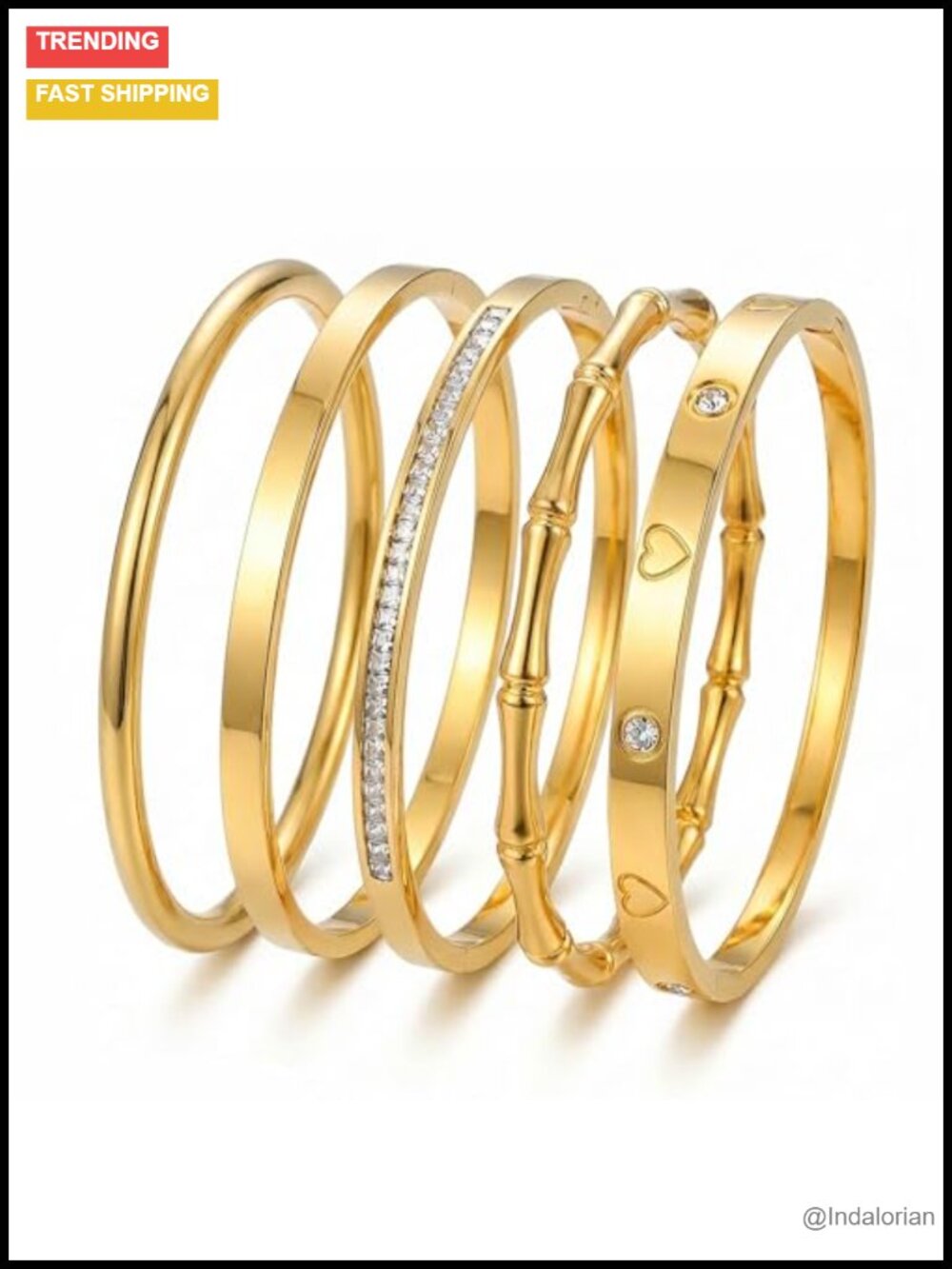 18K Gold Plated Bangle Bracelets Waterproof Stackable Stainless Steel Set